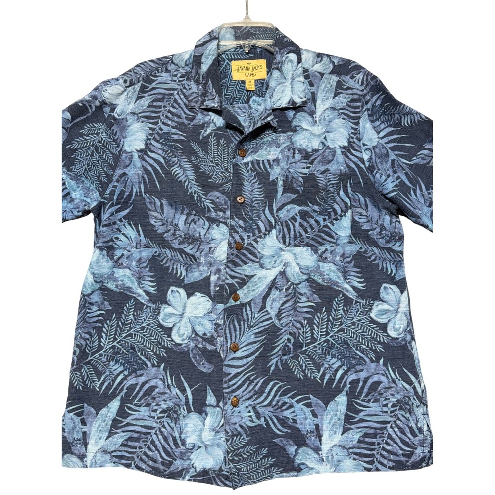 Havana Jacks Cafe Mens Blue Silk Tropical Floral Hawaiian Camp Shirt M DAMAGED